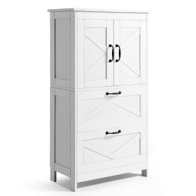 Wooden Bathroom Floor Cabinet Storage 2 Drawers and Adjustable Shelf White
