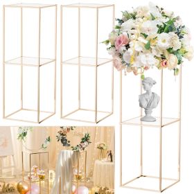 2 Pack 31.5 Inch Golden Flower Stand with 2-Layer Acrylic Pane Metal Flower Display Rack Tables Centerpieces Floor Geometric Column Vases for T-S