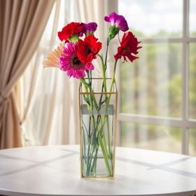 A 1.4L tall and slender square desktop glass vase with gold - inlaid edges, no welding points, and waterproof, suitable for Valentine's Day