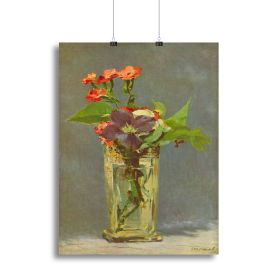Carnations and Clematis in a Crystal Vase by Manet Canvas Print or Poster (Type: Standard Framed Canvas Print, size: 28" x 20" / 70cm x 50cm (approx))